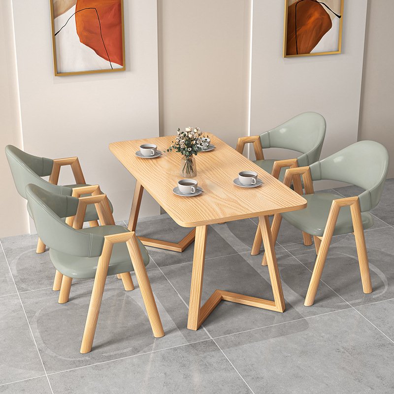Minimalist Wooden Reception Dining Table and Leather Dining Chairs Set for Home Cafe Restaurant Luxury Dining Table Set 4 Chairs
