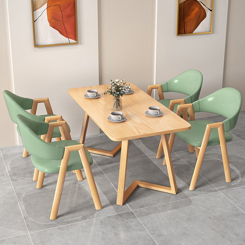 Minimalist Wooden Reception Dining Table and Leather Dining Chairs Set for Home Cafe Restaurant Luxury Dining Table Set 4 Chairs