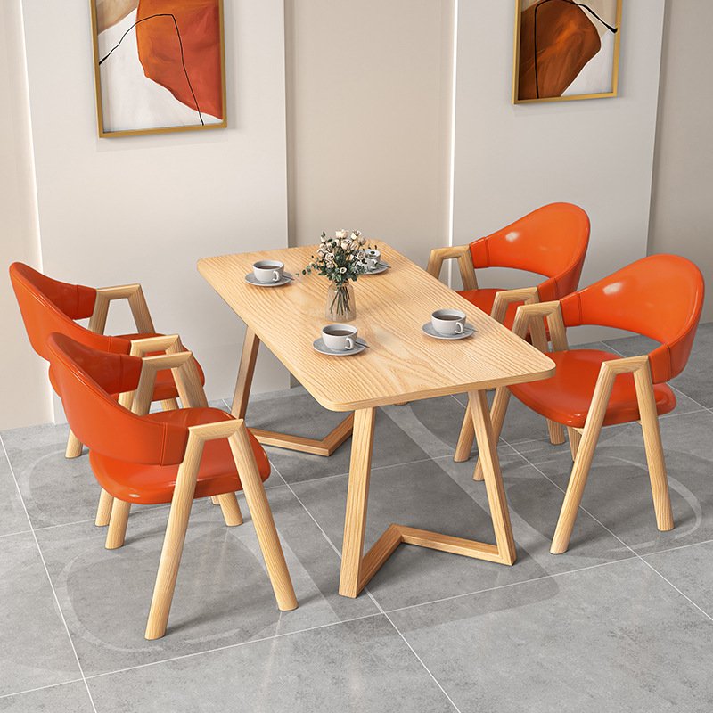 Minimalist Wooden Reception Dining Table and Leather Dining Chairs Set for Home Cafe Restaurant Luxury Dining Table Set 4 Chairs
