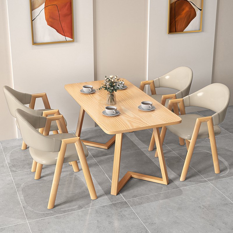 Minimalist Wooden Reception Dining Table and Leather Dining Chairs Set for Home Cafe Restaurant Luxury Dining Table Set 4 Chairs