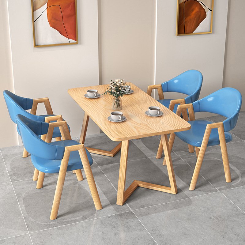 Minimalist Wooden Reception Dining Table and Leather Dining Chairs Set for Home Cafe Restaurant Luxury Dining Table Set 4 Chairs