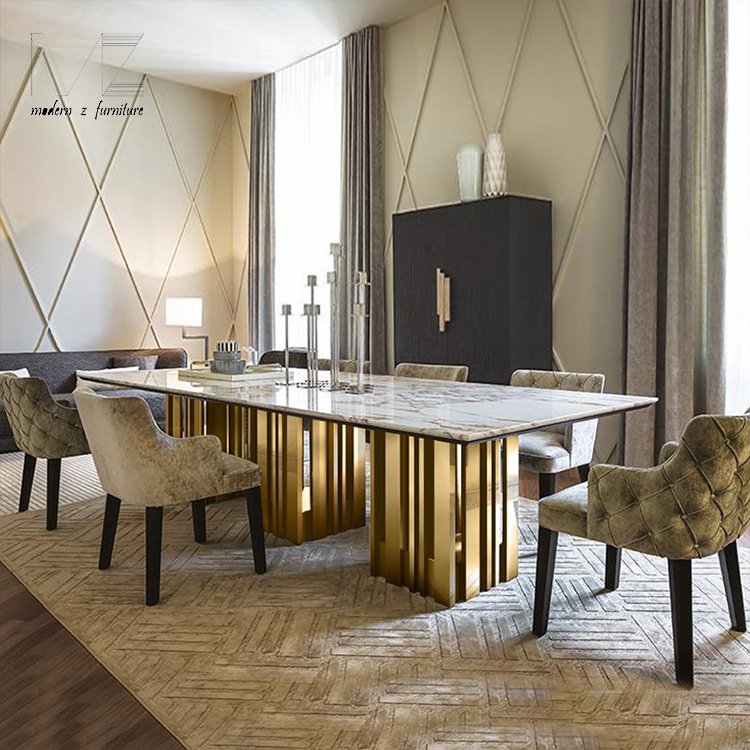 Luxury Italian Furniture Kitchen Table Shinny Gold Stainless Steel Gold Marble Dining Table Set For Home Dinning Room