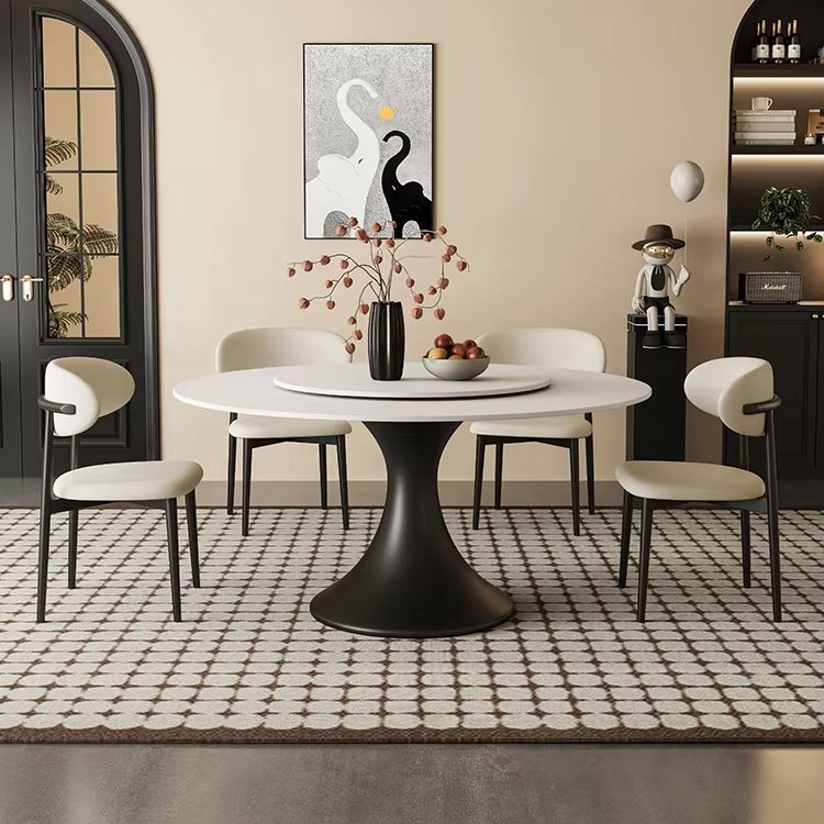 Italian Minimalist Dining Table and Chair Set Retro round Pure Black Rock Plate Modern Simple Design for Small Household