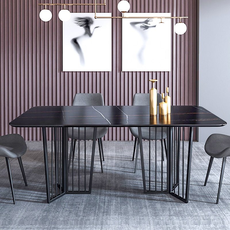 Black Modern Nordic Luxury Hotel Living Room Furniture Dining Room Metal Base 6 Chairs Natural Stone Top Square Dining Tables