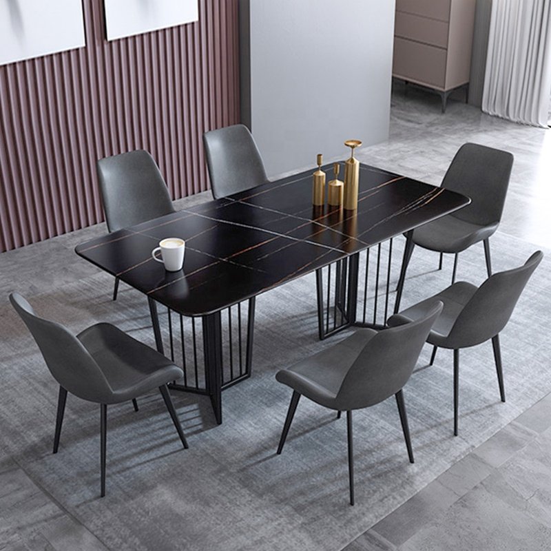 Black Modern Nordic Luxury Hotel Living Room Furniture Dining Room Metal Base 6 Chairs Natural Stone Top Square Dining Tables