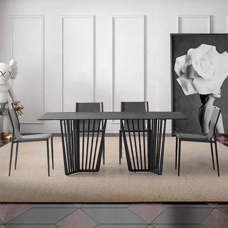 Black Modern Nordic Luxury Hotel Living Room Furniture Dining Room Metal Base 6 Chairs Natural Stone Top Square Dining Tables