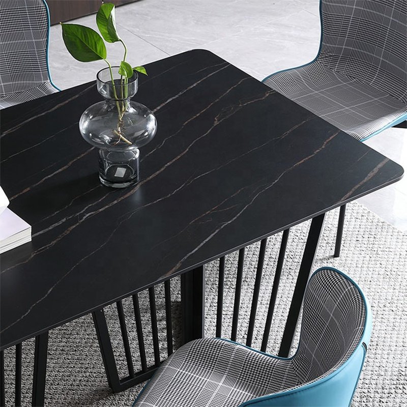 Black Modern Nordic Luxury Hotel Living Room Furniture Dining Room Metal Base 6 Chairs Natural Stone Top Square Dining Tables