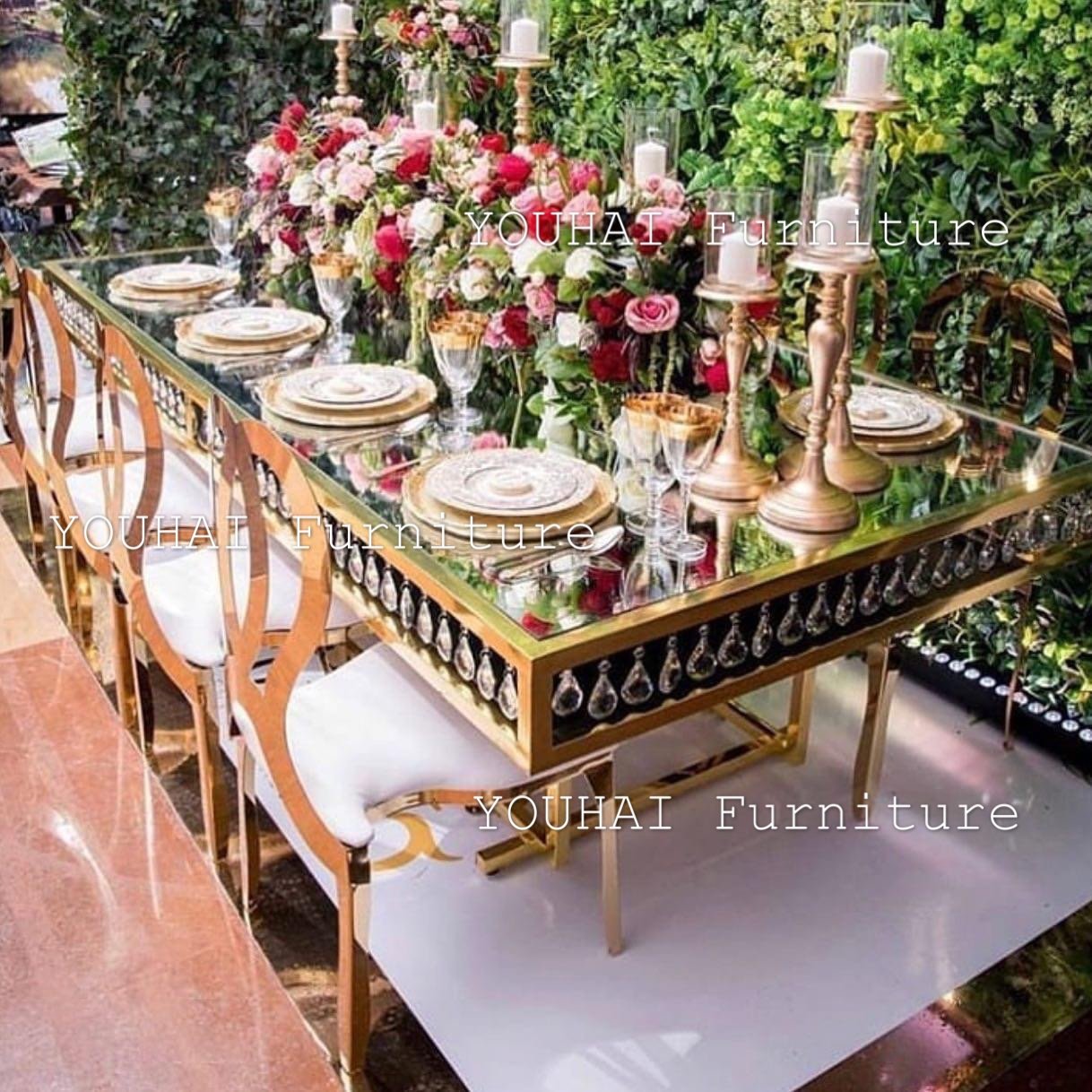 Wedding furniture golden rectangular stainless steel wedding use hotel banquet table and chair