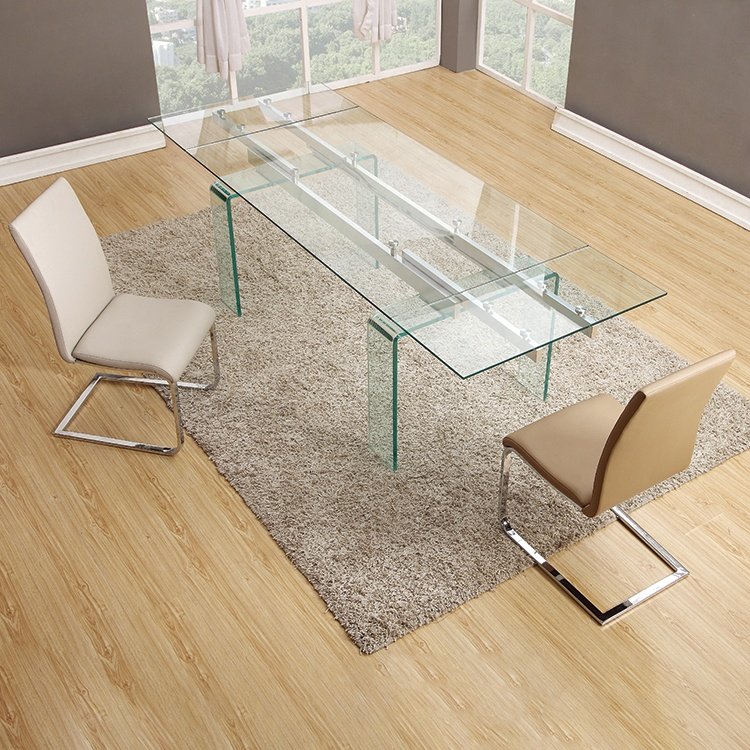 Jinsong Modern Polished Stainless Steel Frame 10mm Clear Tempered Glass Top Dining Table Set For 8 Pax Seater Luxury