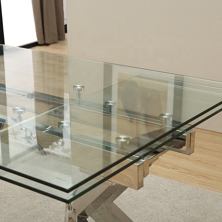 Jinsong Modern Polished Stainless Steel Frame 10mm Clear Tempered Glass Top Dining Table Set For 8 Pax Seater Luxury