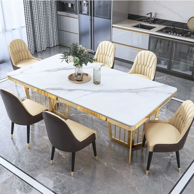 Light Luxury Modern Rock Slabs Dinning Table Set For 6 Rectangular Restaurant Hotel Table Stainless Steel Legs Gold Dining Table