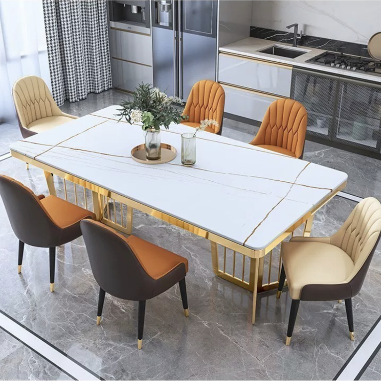 Light Luxury Modern Rock Slabs Dinning Table Set For 6 Rectangular Restaurant Hotel Table Stainless Steel Legs Gold Dining Table