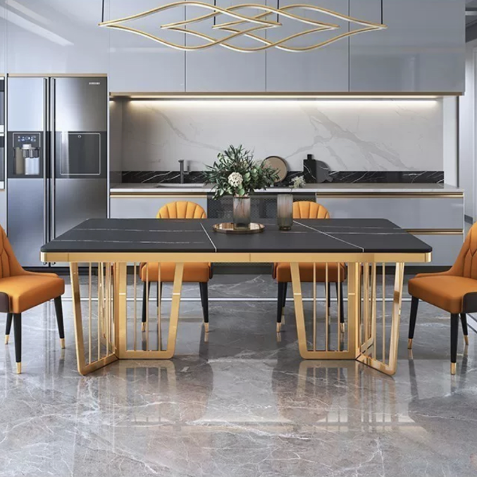 Light Luxury Modern Rock Slabs Dinning Table Set For 6 Rectangular Restaurant Hotel Table Stainless Steel Legs Gold Dining Table