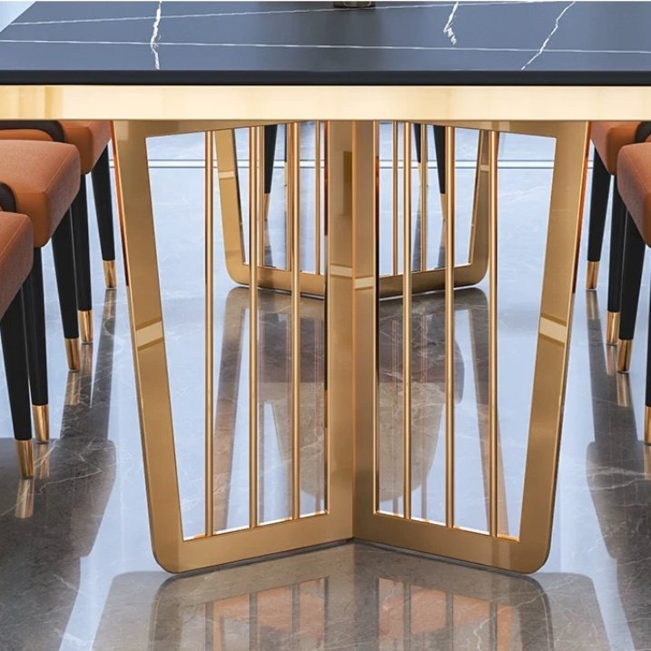 Light Luxury Modern Rock Slabs Dinning Table Set For 6 Rectangular Restaurant Hotel Table Stainless Steel Legs Gold Dining Table