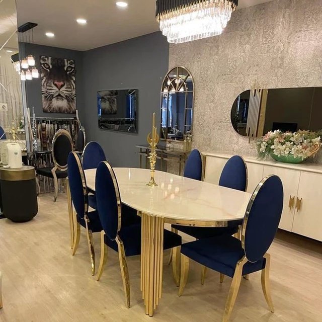 Restaurant furniture space saving furniture dining table set 6 seater black marble top stainless steel base dining table