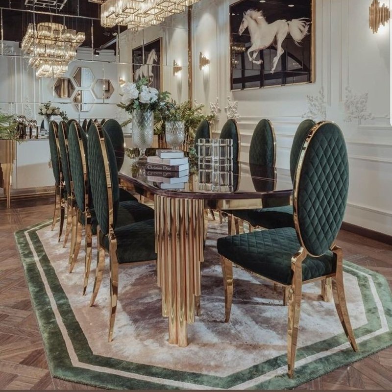 Restaurant furniture space saving furniture dining table set 6 seater black marble top stainless steel base dining table