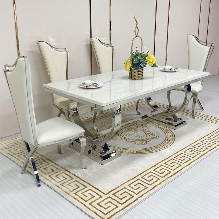 Luxury dinner room furniture marble dining table set 6 seater custom stainless steel dining table