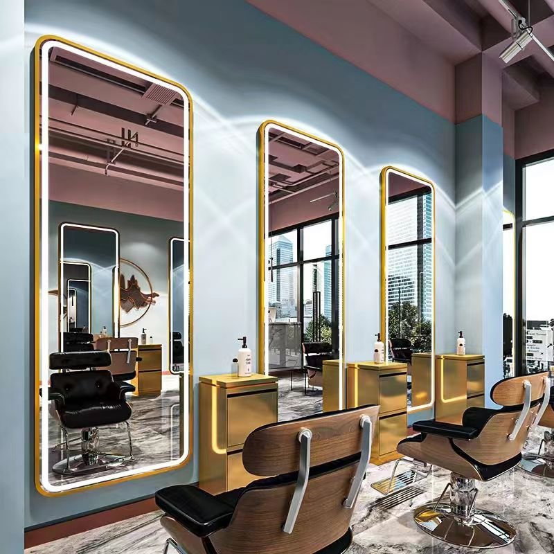 Barbershop mirror with LED light hairdressing mirror table single-sided hairdressing mirror hanging on the wall of hair salon