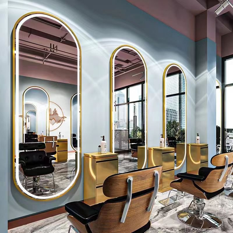 Barbershop mirror with LED light hairdressing mirror table single-sided hairdressing mirror hanging on the wall of hair salon