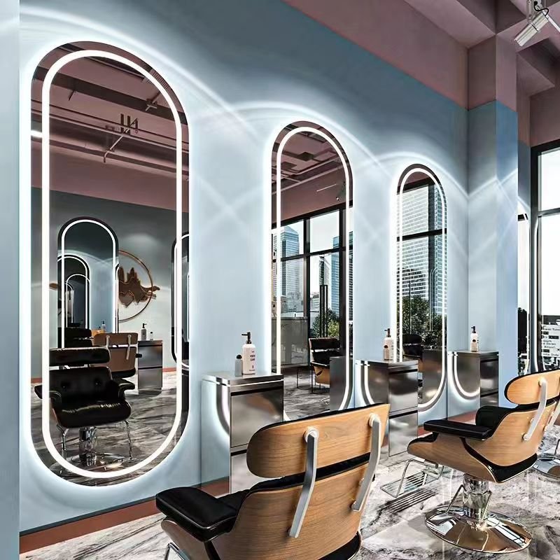 Barbershop mirror with LED light hairdressing mirror table single-sided hairdressing mirror hanging on the wall of hair salon