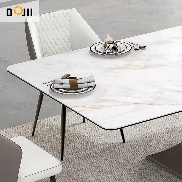 Hot Sale Ultra Modern 55-inch Glass Fibre Base Bright Sintered Stone Dining Table in Painted Metal for Kitchen Hotels