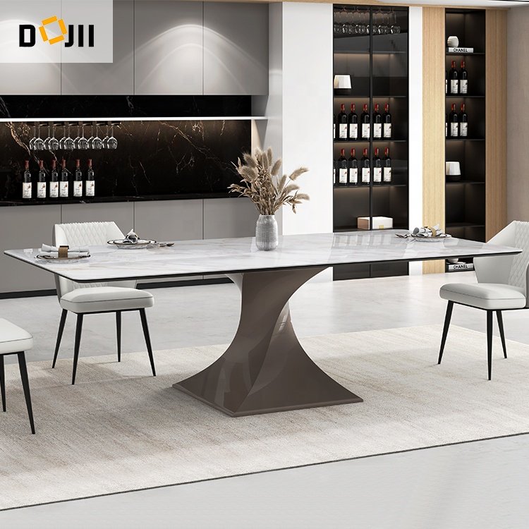 Hot Sale Ultra Modern 55-inch Glass Fibre Base Bright Sintered Stone Dining Table in Painted Metal for Kitchen Hotels