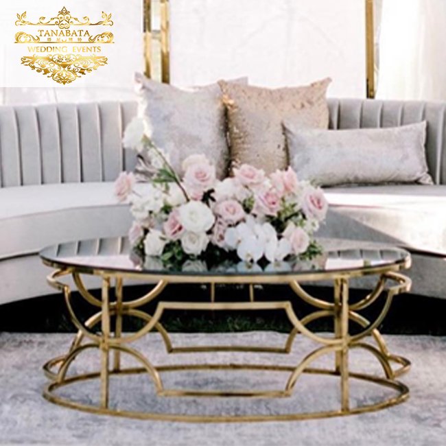 Elegant party furniture mirror stainless steel lounge set luxury coffee table