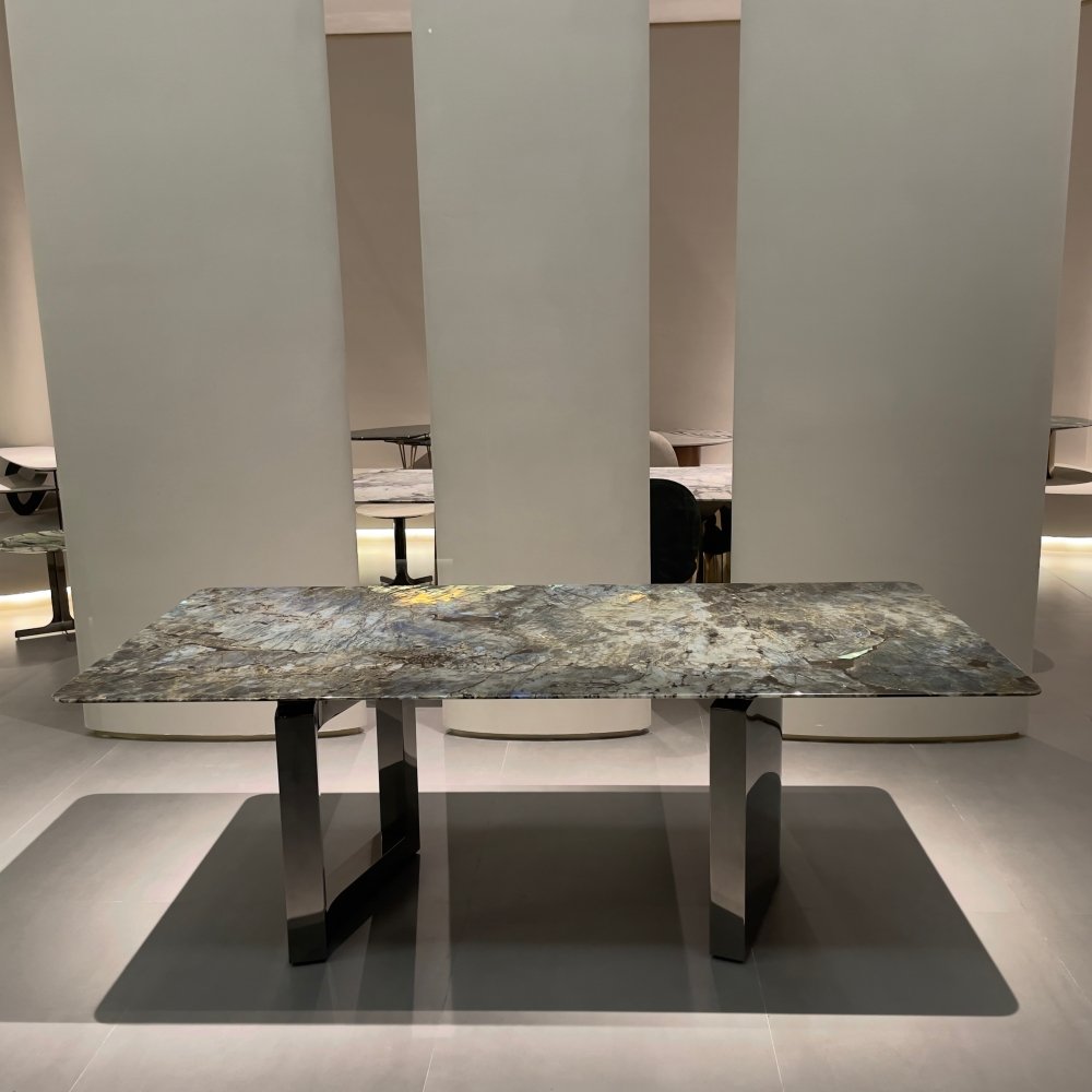 Modern Luxury Dining Table Natural Stone Marble Stainless Steel Rectangular Italian Style Villas