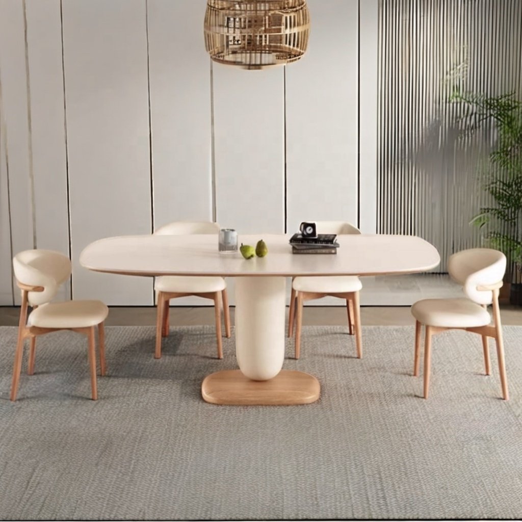 Modern Wabi-Sabi round Table Set for Home Small Dining Room Ash Wood Turntable One Table Six Chairs Outdoor/Kitchen/Living Room
