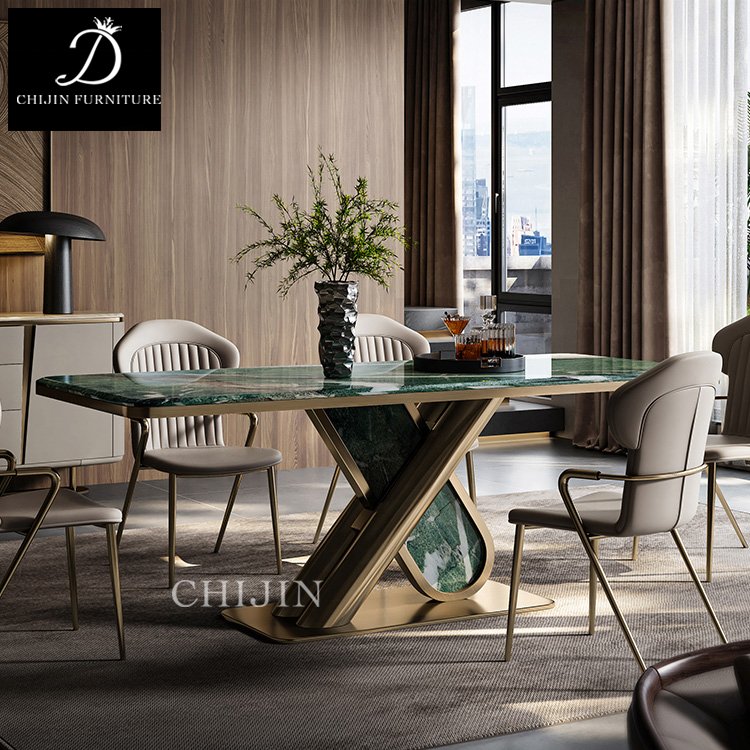 Modern Stainless Steel Marble Long Dining Table Furniture Luxury Dining Room Kitchen Dining Table And Chairs Set