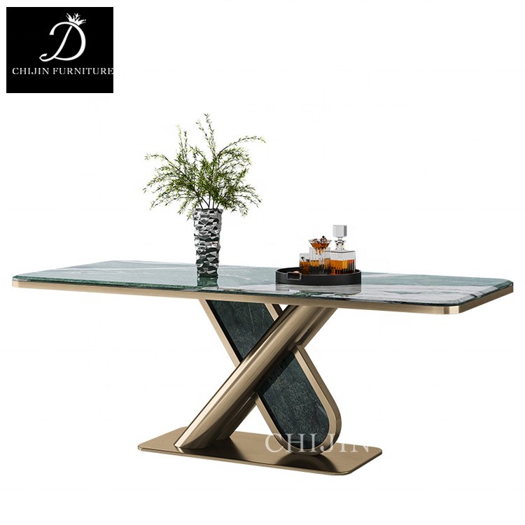 Modern Stainless Steel Marble Long Dining Table Furniture Luxury Dining Room Kitchen Dining Table And Chairs Set