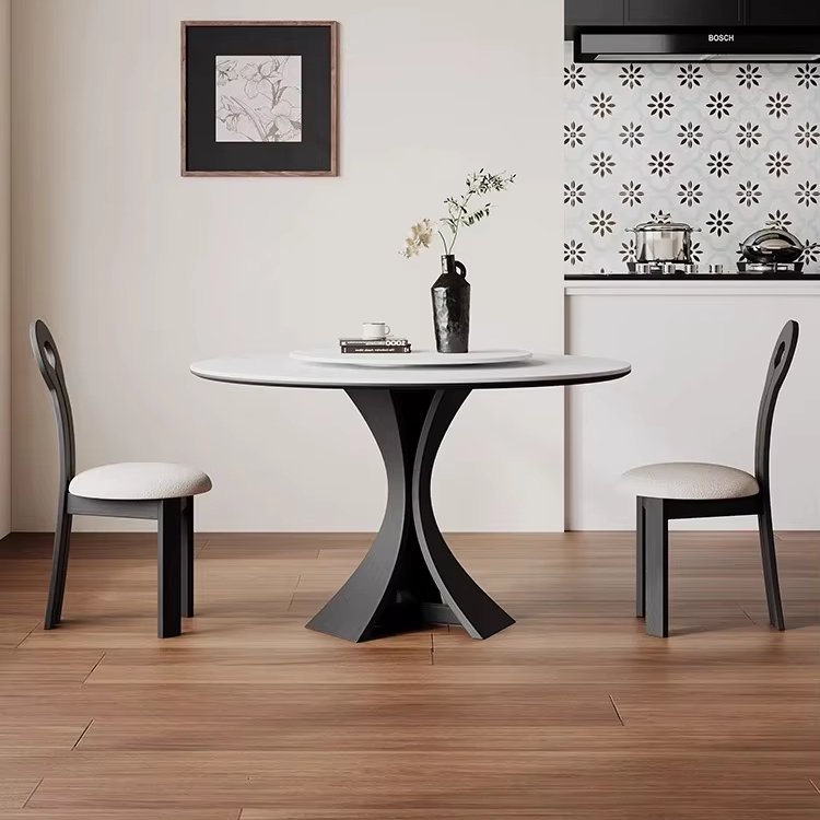 2024 New Home Solid Wood Dining Set Modern Simple Luxury Style round French Rock Plate Table and Chair for Small Apartment