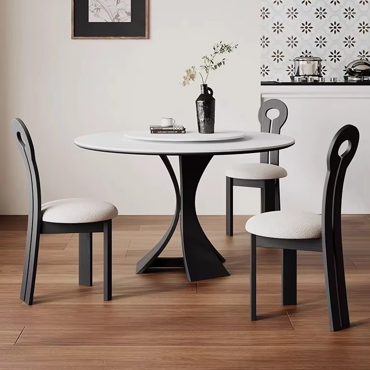 2024 New Home Solid Wood Dining Set Modern Simple Luxury Style round French Rock Plate Table and Chair for Small Apartment