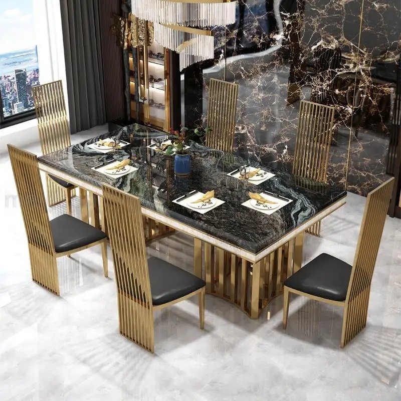 Luxury Modern Rectangular Dining Table Set 6 Golden Stainless Steel Chairs Marble Top Wedding Suitable Restaurant Dining Room