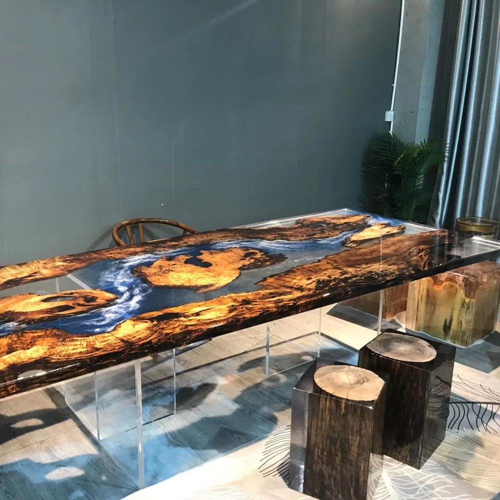 modern dining room furniture Walnut High End Special Design dinner clear water blue River Epoxy Resin dining Table