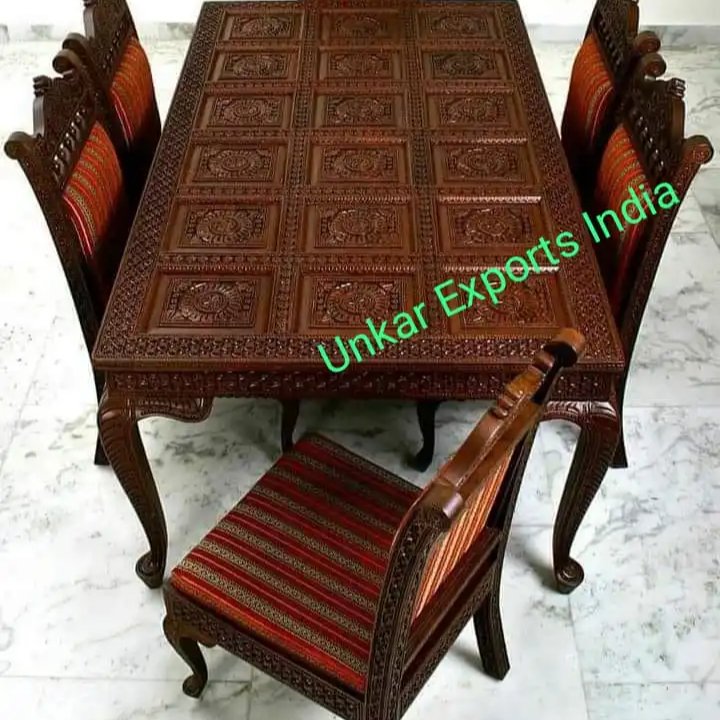 Fully Hand Carved Rajasthani Traditional Dining Table Set Six seater Dining Set With Glass Top handcraft for home decoration