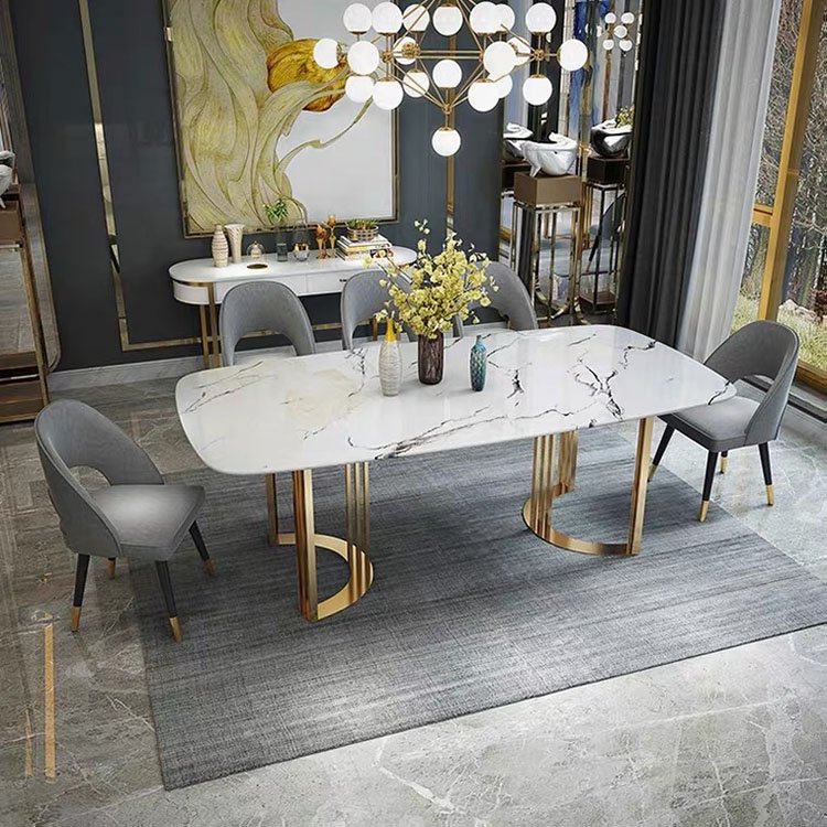 Living Room Furniture Stainless Steel Frame Gold Base Rectangular Marble Dining Table Set without Chairs