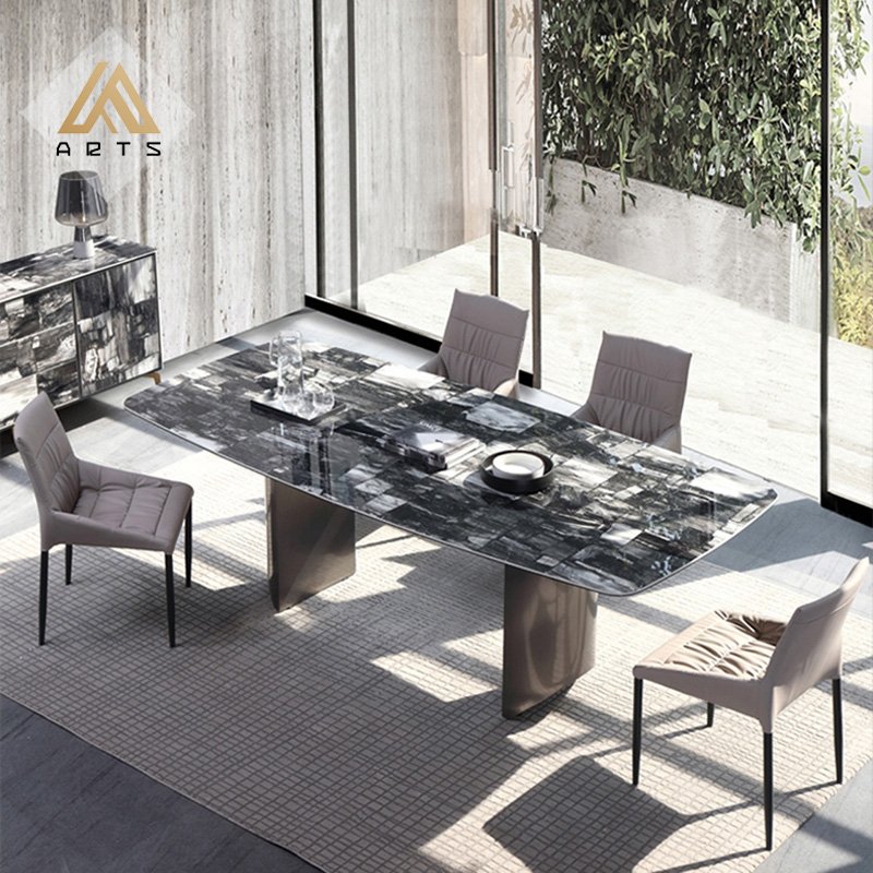 Italian luxury dining room furniture rectangular marble top stainless steell leg dining table set 8 seat villas dining table