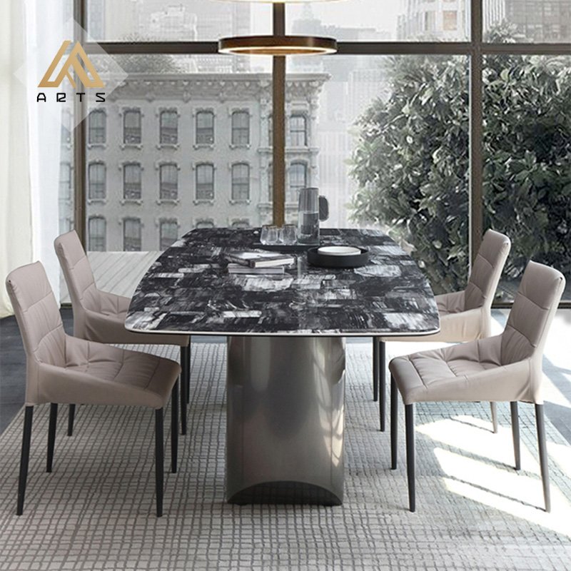 Italian luxury dining room furniture rectangular marble top stainless steell leg dining table set 8 seat villas dining table