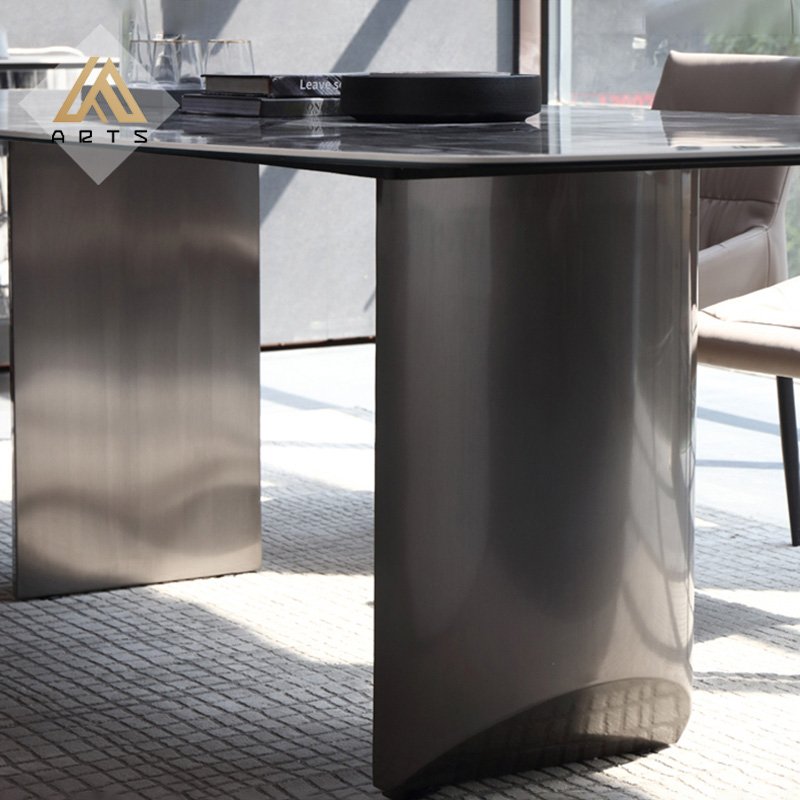 Italian luxury dining room furniture rectangular marble top stainless steell leg dining table set 8 seat villas dining table