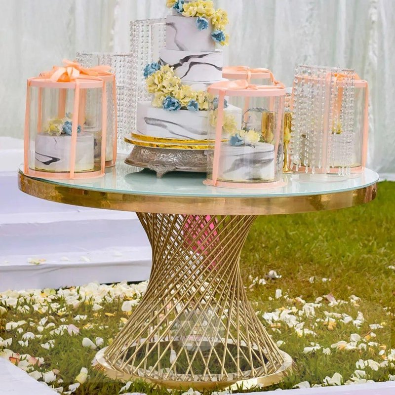 Luxury Furniture Event Party Glod Stainless Steel Glass Fishnet Round Banquet Hall Tables For Wedding