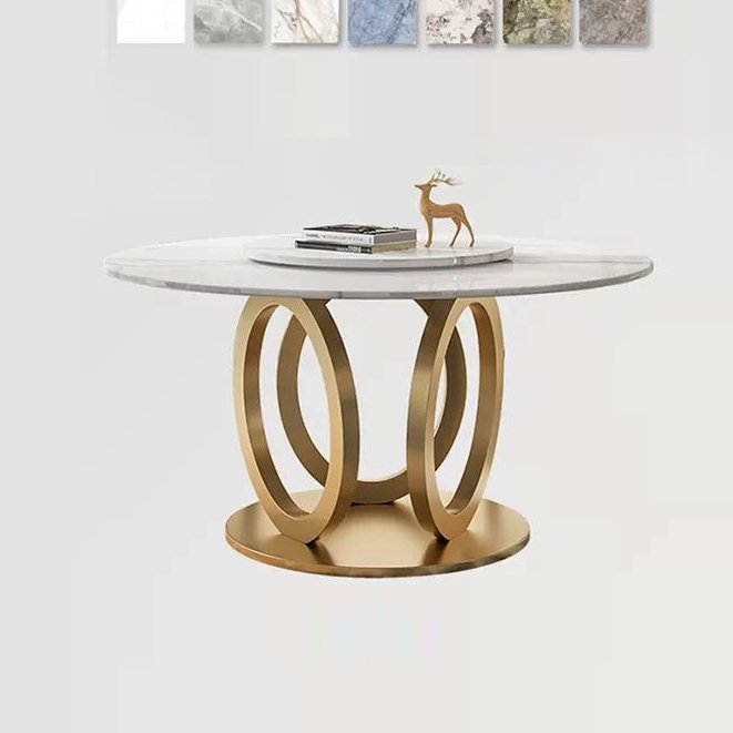 Wholesale price popular metal base two marble top rotating dining table set round dining table