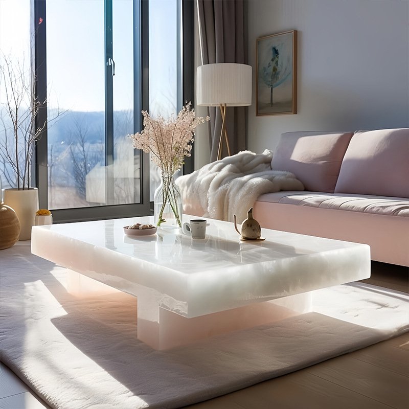 100*100cm Backlit Translucent Green Onyx Coffee Table 48'' Square Shiny Crystal Diamond Stone Living Room Bar Pub Furniture