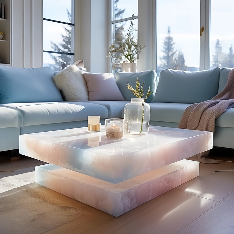 100*100cm Backlit Translucent Green Onyx Coffee Table 48'' Square Shiny Crystal Diamond Stone Living Room Bar Pub Furniture
