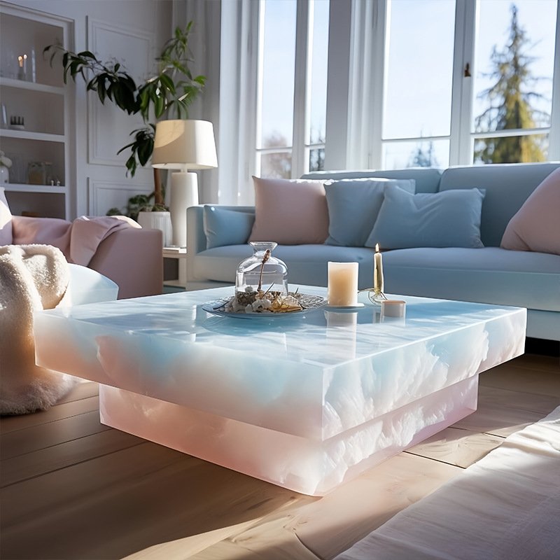 100*100cm Backlit Translucent Green Onyx Coffee Table 48'' Square Shiny Crystal Diamond Stone Living Room Bar Pub Furniture