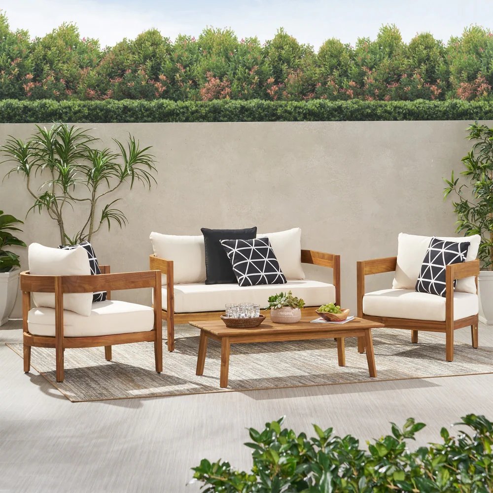 Justine Modern Design Solid Wood 4-Seater Chat Set for Living Room Kitchen Home Hotel or Villa with Natural Finish Cushions