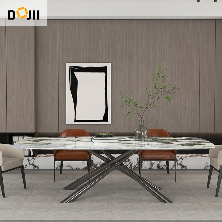 Marble Tabletop and Solid Carbon Steel Base Contemporary Expandable White Kitchen Dining Chairs Set Dinning Table