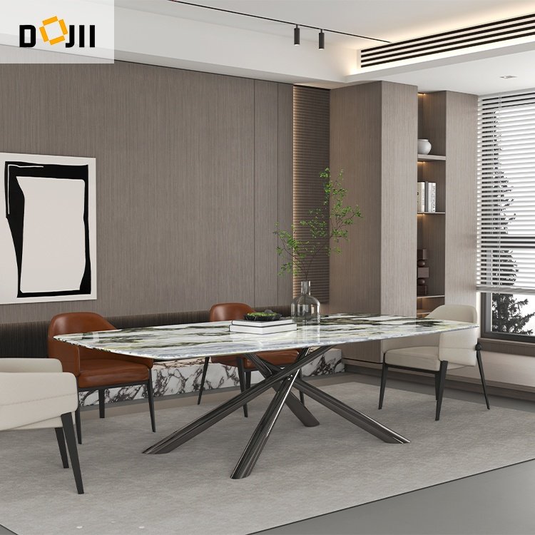 Marble Tabletop and Solid Carbon Steel Base Contemporary Expandable White Kitchen Dining Chairs Set Dinning Table
