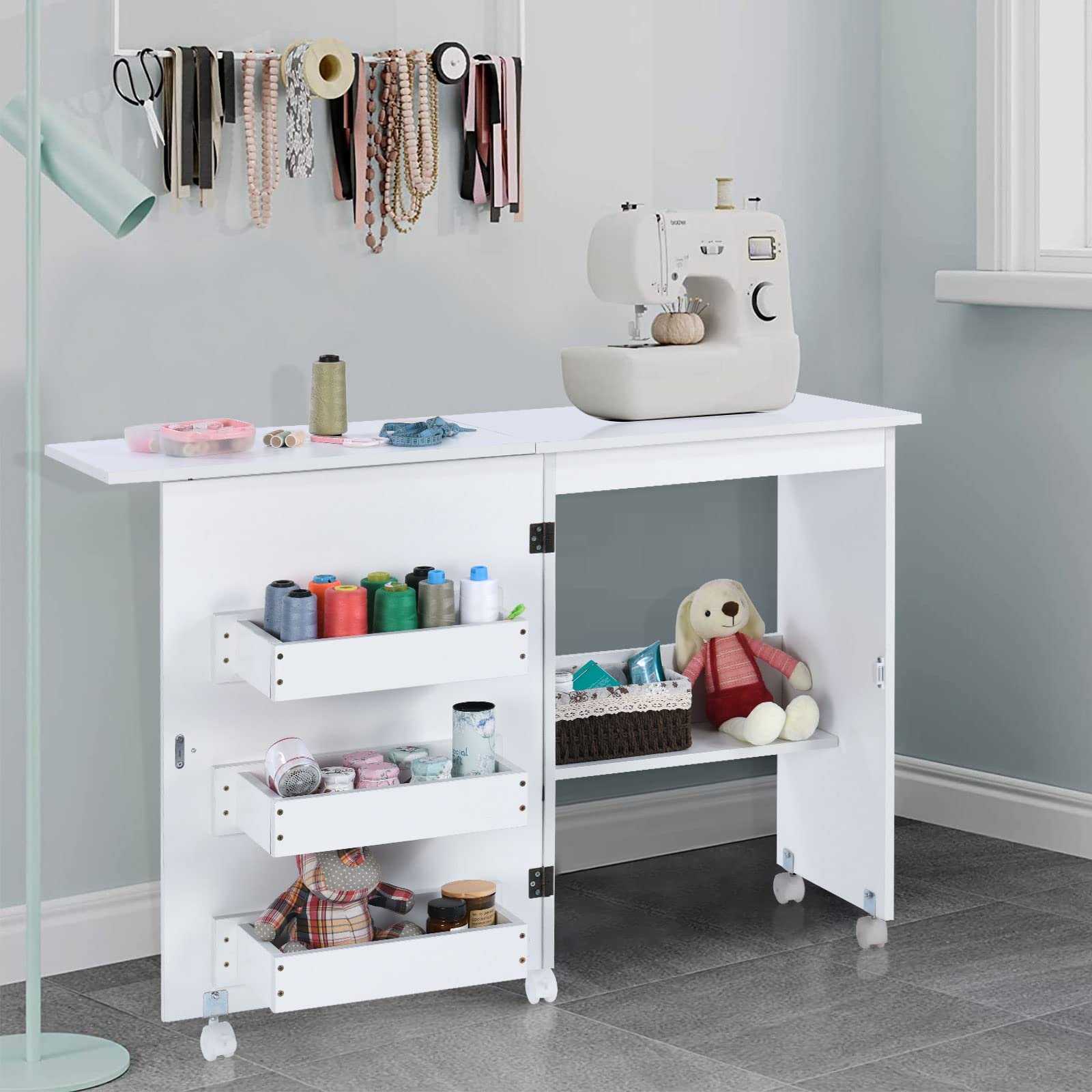 Folding Sewing Table with Storage Foldable Multipurpose Craft Station & Side Desk Wood Sewing Cabinet