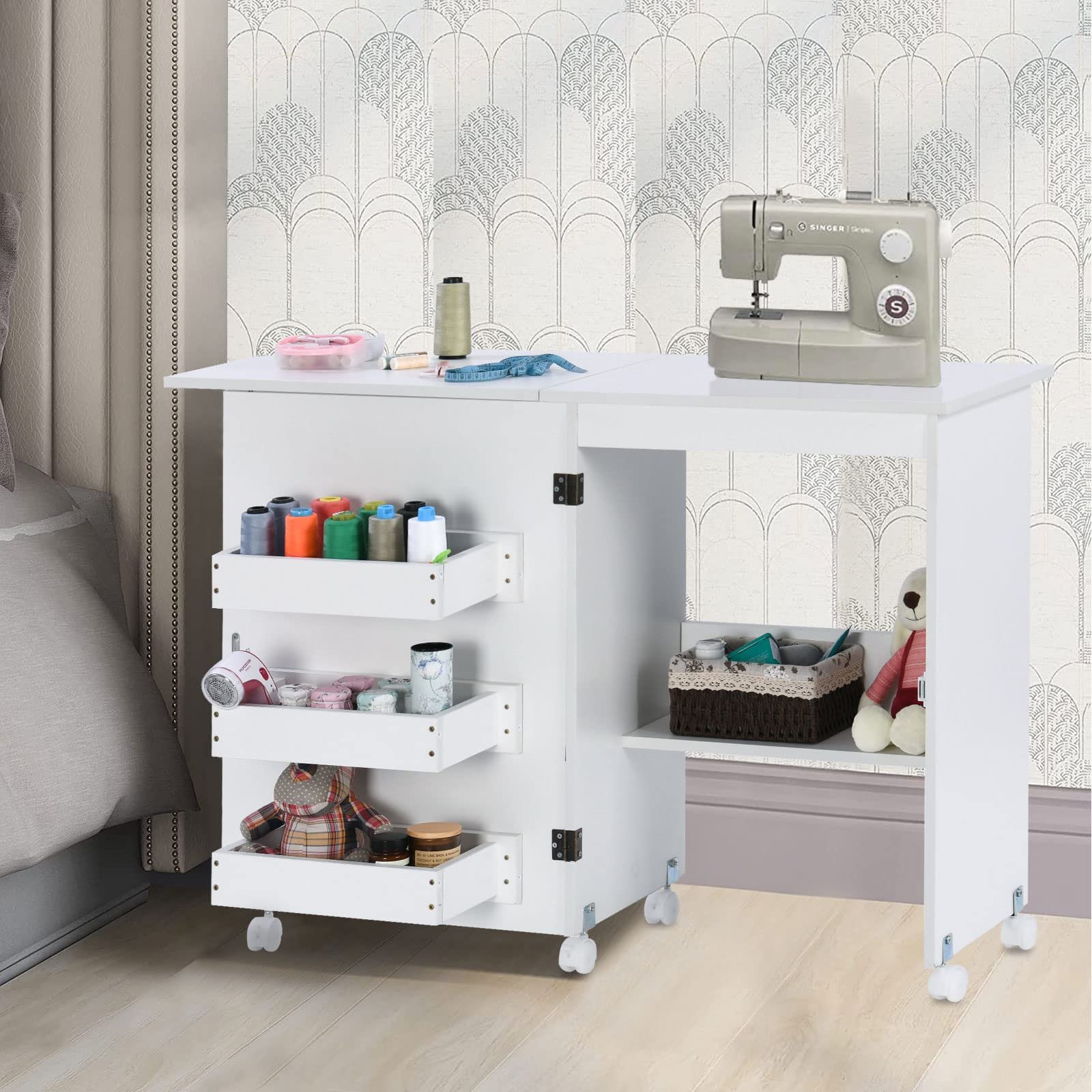 Folding Sewing Table with Storage Foldable Multipurpose Craft Station & Side Desk Wood Sewing Cabinet